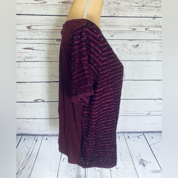 Women’s Large Blouse Ann Taylor Loft Short Sleeves Sequins Fringe Dark Fuchsia - Picture 5 of 11